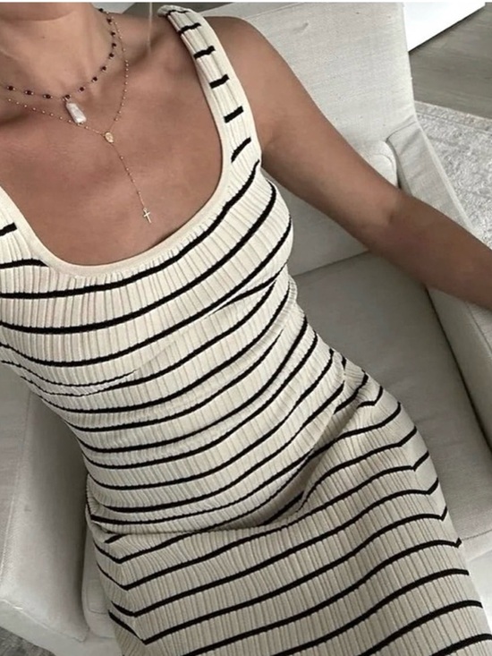 Commense Dresses & Skirts - Commense Cream and Black Striped Ribbed Maxi Dress